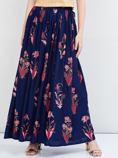 

max Women Navy Blue & Pink Floral Printed Flared Maxi Skirt