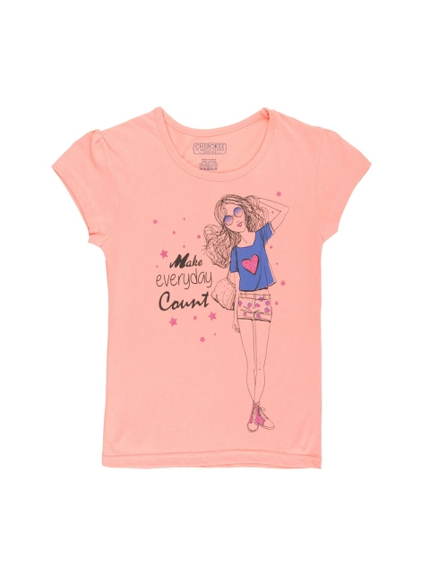 

Cherokee Girls Peach-Coloured Printed Round Neck T-shirt