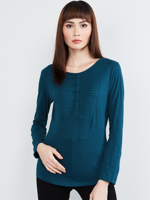 

max Women Teal Blue Solid Fitted Top