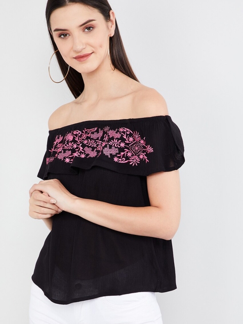 

max Women Black Embroidered Bardot Top