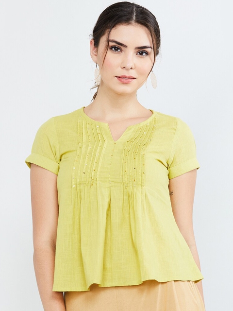 

max Women Chartreuse Yellow Embellished Boxy Top, Green