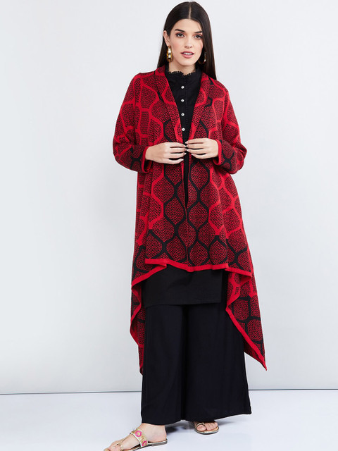 

max Women Red & Black Self Design Open Front Shrug
