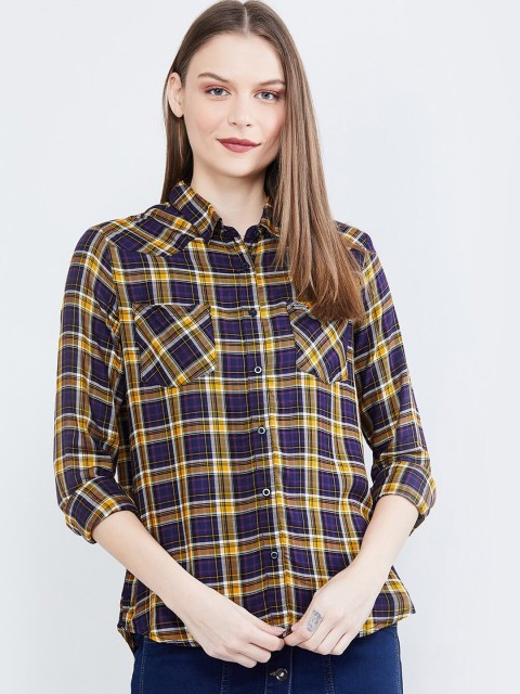 

max Women Yellow & Blue Regular Fit Checked Casual Shirt
