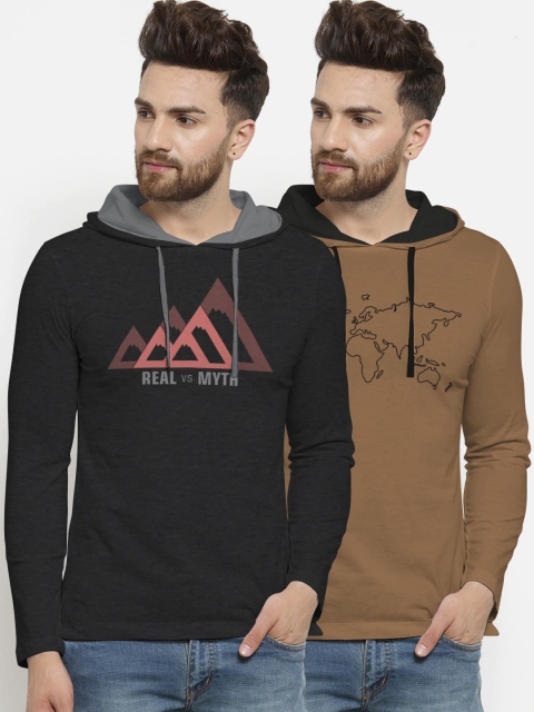 

BULLMER Men Pack of 2 Printed Hood T-shirt, Charcoal