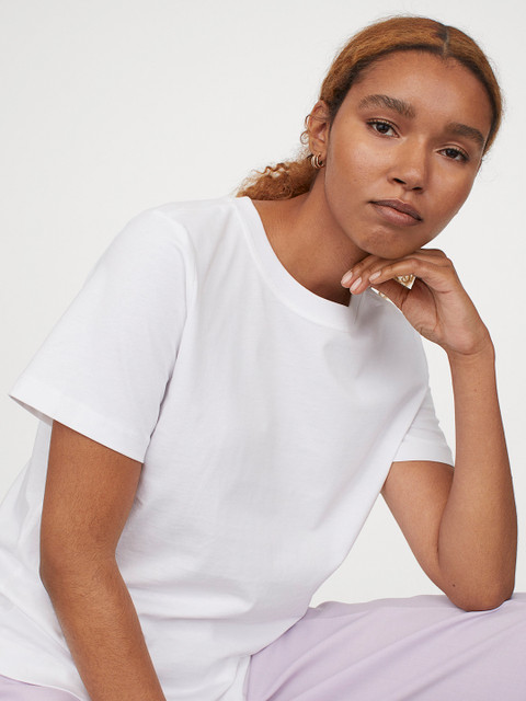 

H&M Women White Solid Cotton T-shirt