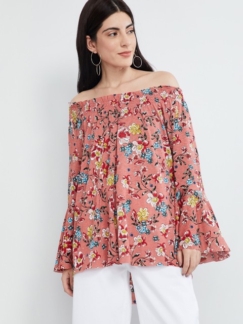 

max Women Peach-Coloured Printed Bardot Top