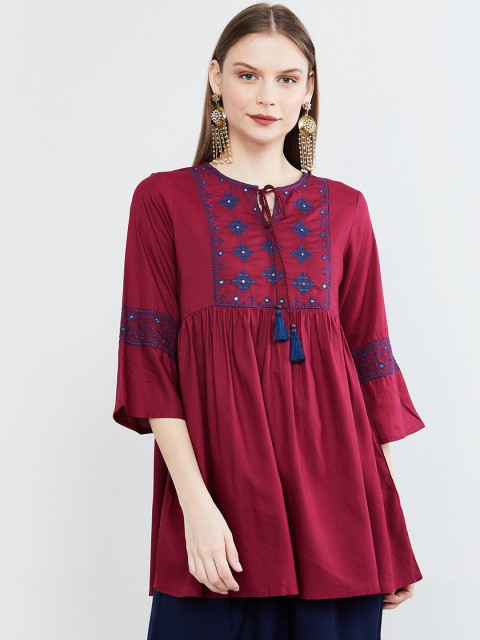 

max Women's Maroon & Blue Embroidered Tie-Up Neck Tunic