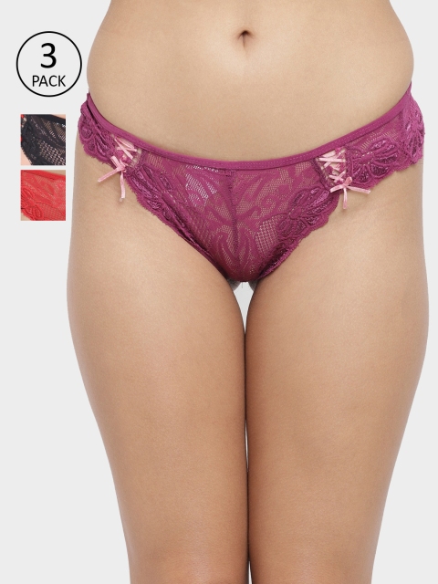 

N-Gal Women Pack Of 3 Self-Design Bikini Briefs NTDT10, Red