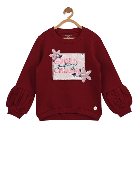 

Stupid Cupid Girls Maroon Self Design Sweatshirt