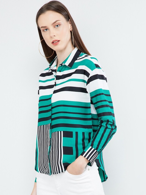

max Women Green & White Regular Fit Striped Casual Shirt