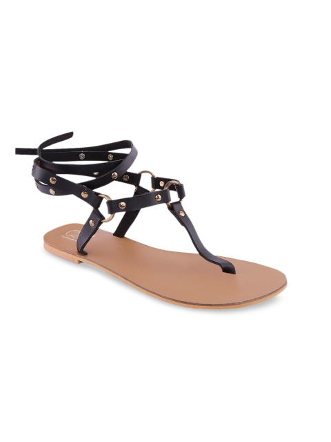 

CAI Women Black Embellished Leather T-Strap Flats