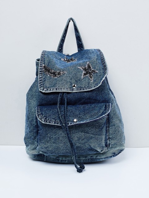 

max Women Blue Washed Effect Denim Backpack