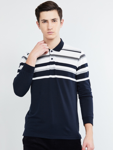 

max Men Navy Blue & White Striped Polo Collar T-shirt