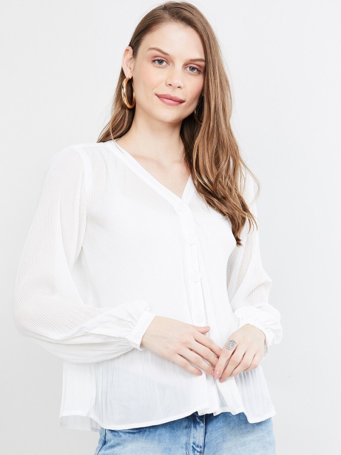 

max Women White Solid Shirt Style Top
