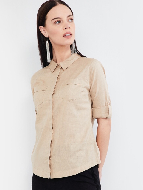 

max Women Beige Regular Fit Solid Casual Linen Shirt