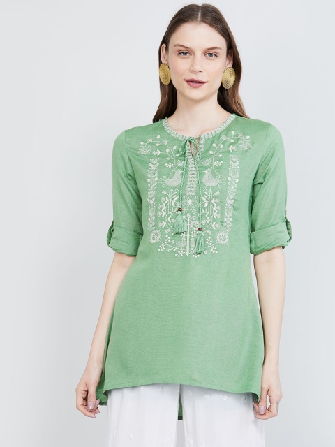 

max Women's Green & White Embroidered Tunic