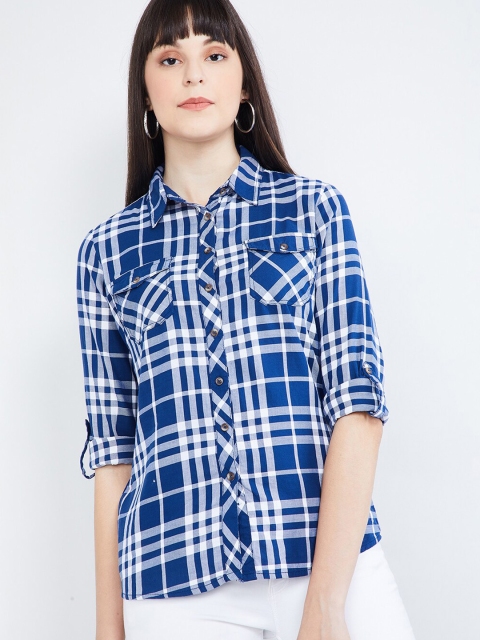

max Women Blue & White Regular Fit Checked Casual Shirt