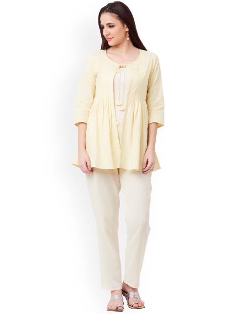 

IMARA Women Yellow Printed Tie-Up Shrug