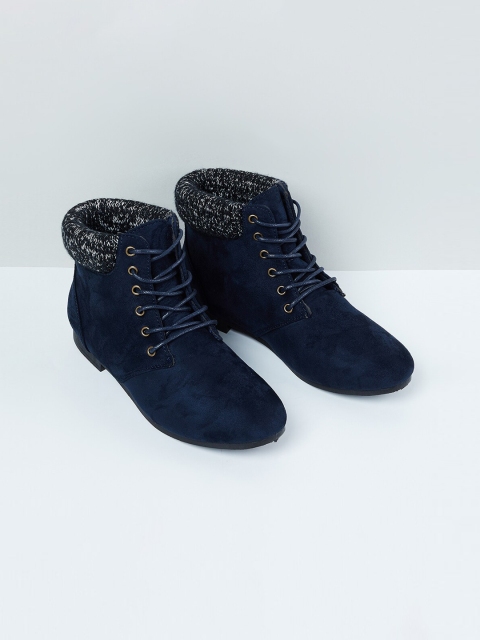 

max Women Navy Blue Solid PU High-Top Flat Boots