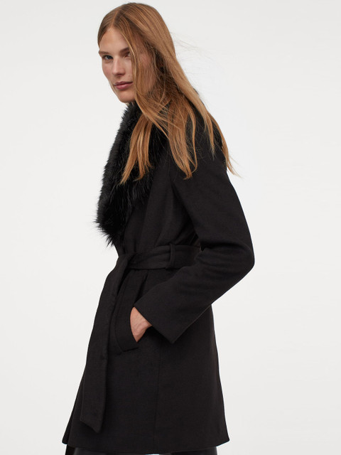 

H&M Women Black Solid Faux Fur Collared Coat