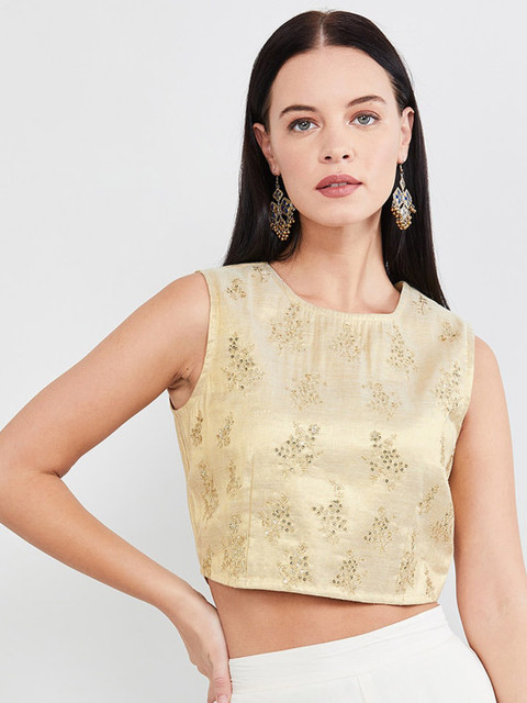 

max Women Beige Embroidered Chanderi Crop Top