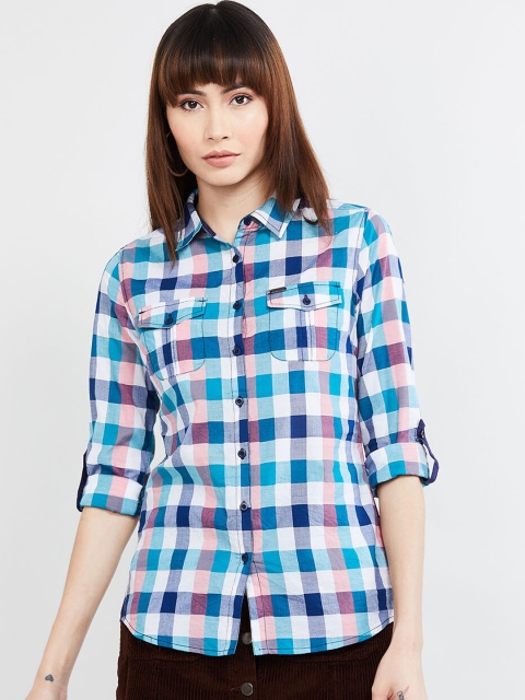 

max Women Blue Regular Fit Checked Casual Shirt