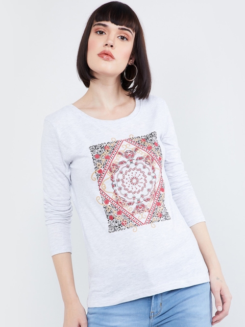 

max Women Grey Melange Printed Round Neck T-shirt