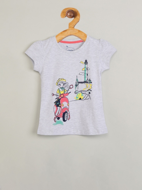 

max Girls Grey Melange Printed Round Neck T-shirt