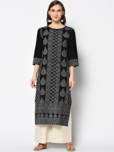 

Kvsfab Women Black & White Block Print Straight Kurta