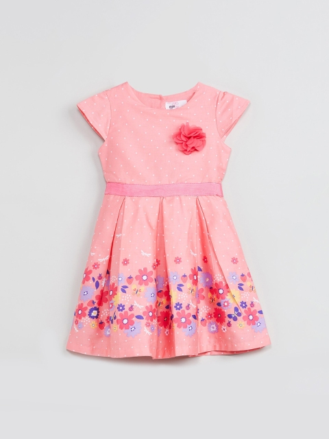 

max Girls Peach-Coloured Printed Fit and Flare Dress