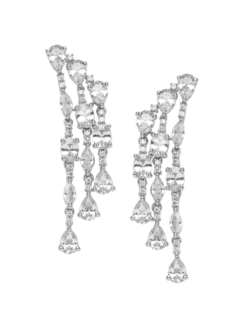 

INDYA White & Silver-Plated Zircon Studded Classic Drop Earrings