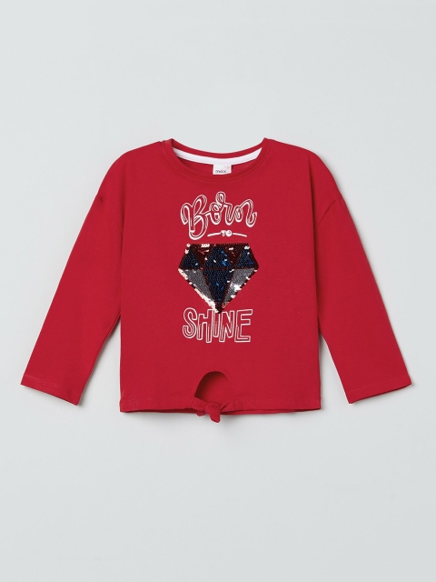 

max Girls Red & White Reverse Sequins Printed Pure Cotton Top