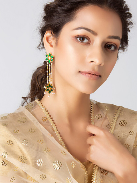 

INDYA Gold-Plated & Green Floral Drop Earrings