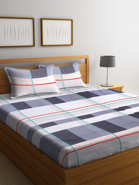 

DREAM WEAVERZ Blue & Off-White Geometric 250 TC Cotton 1 King Bedsheet with 2 Pillow Covers