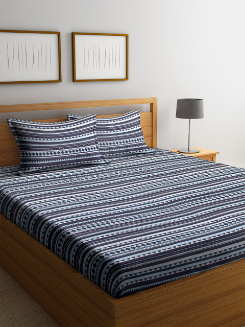 

Trident Blue Striped 144 TC Cotton 1 Queen Bedsheet with 2 Pillow Covers