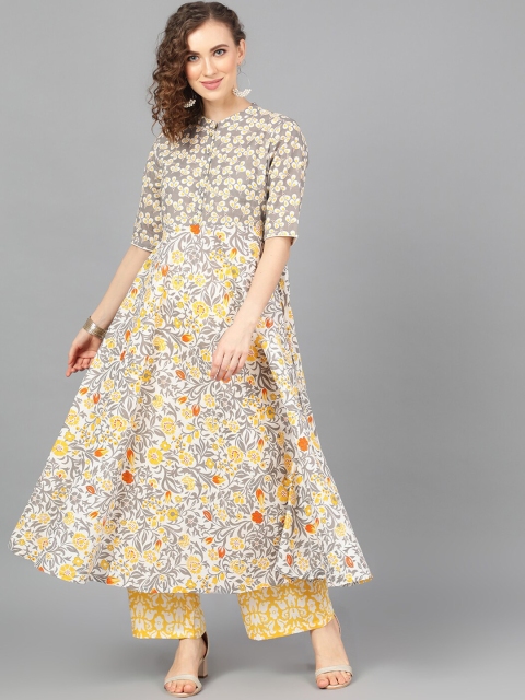 

AKS Women Grey & Yellow Printed Kurta with Palazzos