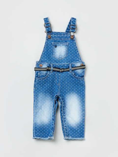 

max Girls Blue & White Polka Printed Denim Dungarees