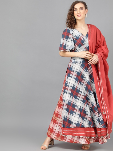 

AKS Red & Blue Printed Ready to Wear Lehenga & Blouse with Dupatta