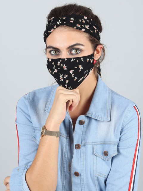 

Swiss Design Women Black & White 2-Ply Reusable Cloth Mask With Head Band & Hair Scarf