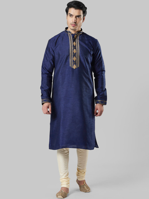 

Ethnix by Raymond Men Blue & Gold-Coloured Embroidered Straight Kurta