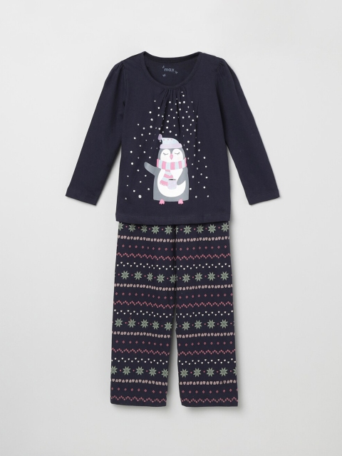 

max Girls Black Printed T-shirt with Trousers
