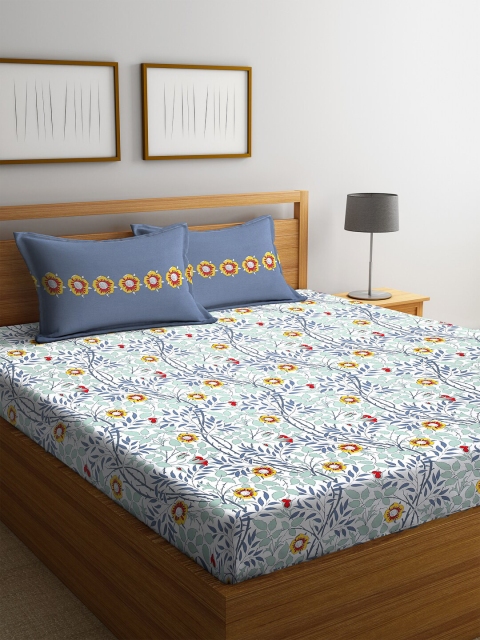

Trident White & Blue Floral 144 TC Cotton 1 Queen Bedsheet with 2 Pillow Covers