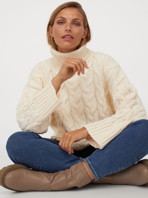 

H&M Women Cream-Coloured Cable Knit Turtleneck Sweater, White
