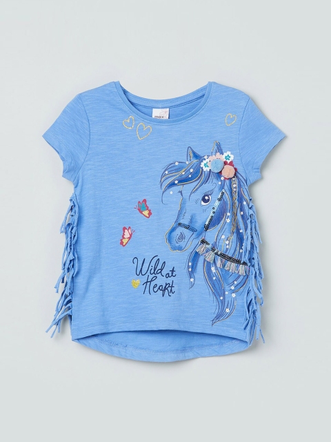 max Girls Blue Printed Round Neck T-shirt
