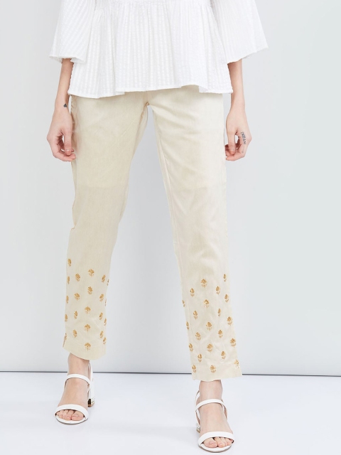 max Women Off-White Regular Fit Embroidered Cigarette Trousers