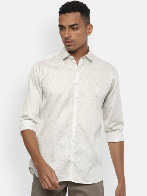 

V Dot Men Cream Slim Fit Floral Printed Casual Shirt