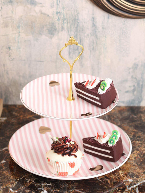 

A Vintage Affair- Home Decor Unisex Pink & White Stripes Designer Two Tier Cake Stand