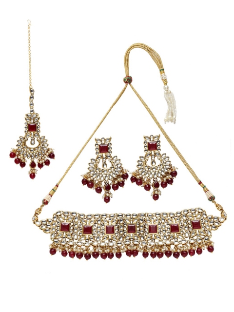 

ANIKAS CREATION Gold-Plated Maroon & White Kundan Beaded Handcrafted Jewellery Set