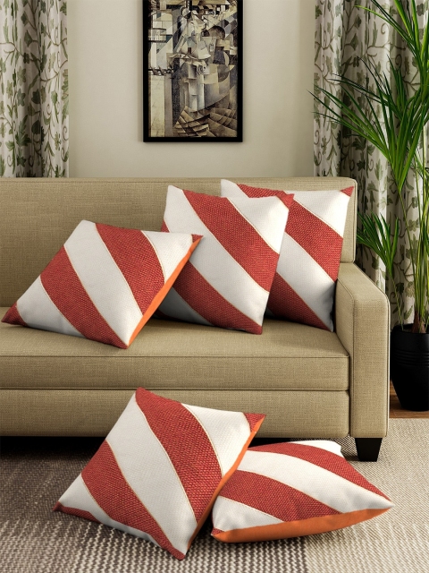 

DREAM WEAVERZ Rust Brown & Off-White Set of 5 Striped Square Cushion Covers