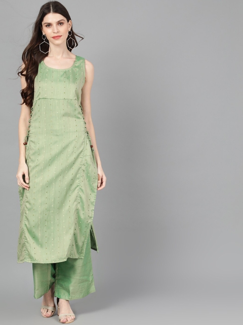 

AKS Women Green Dobby Woven Design Straight Kurta